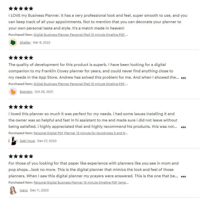 Business digital planner feedback