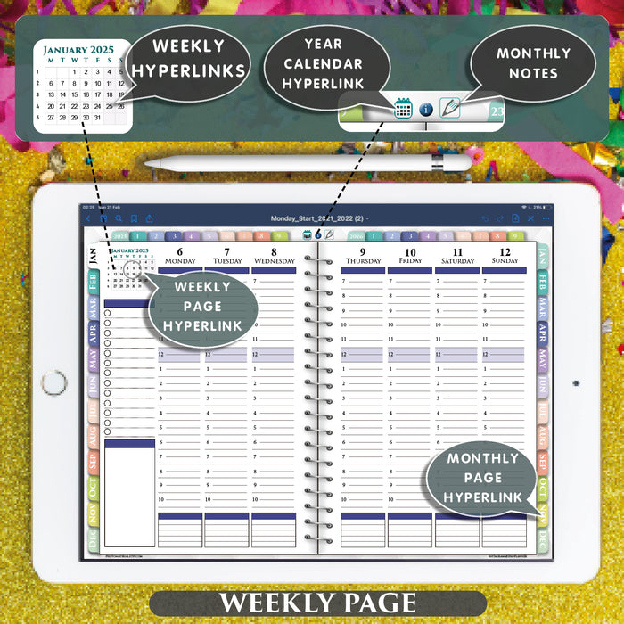 1 hour time line digital weekly hourly planner for goodnotes  and notability and noteshelf