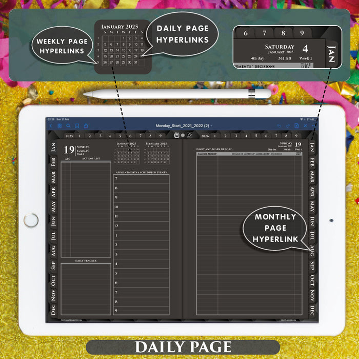 black digital daily planner page template for goodnotes and notability
