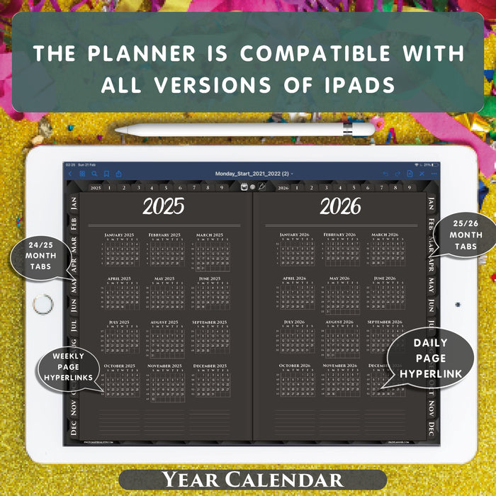 2025 2026 black digital year calendar page template for goodnotes and notability
