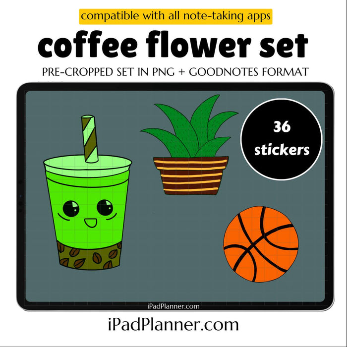 Kawaii Digital Stickers | Coffee and Flower Set for Digital Planners and Bullet Journals