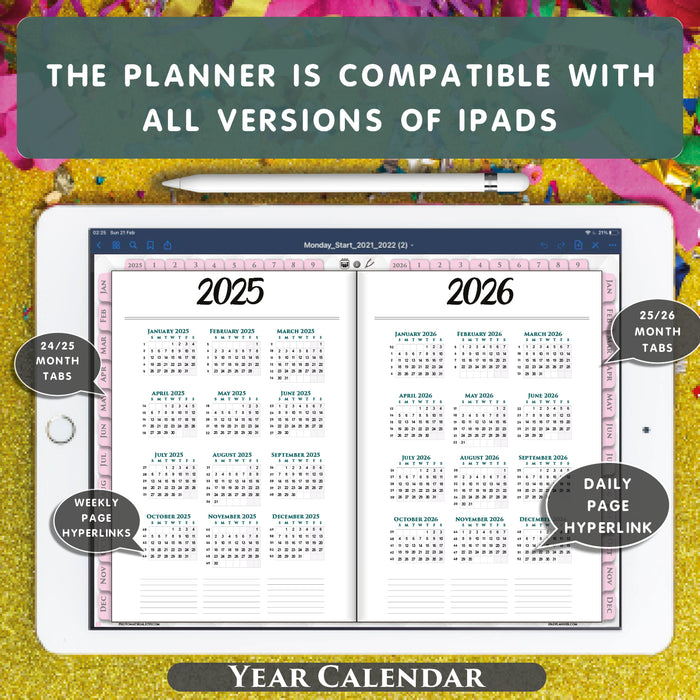 2025 2026 pink digital calendar for goodnotes and notability