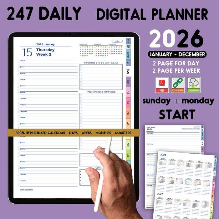 247 Digital Hour Hourly Planner | Digital Daily PDF| Tablet Planner