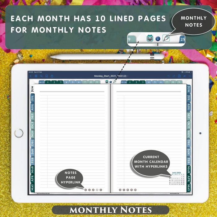 monthly notes pages for goodnotes 