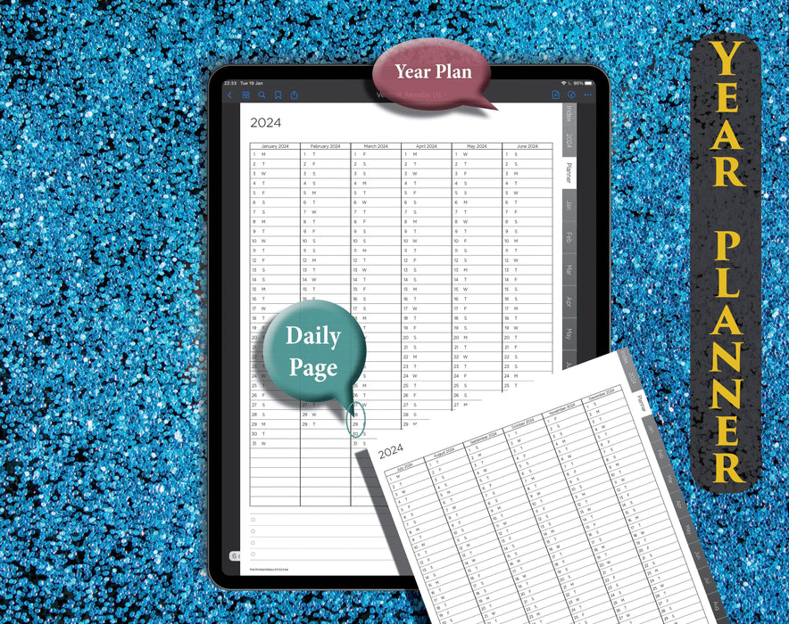 2024 Black Tab Efficient Digital Planner | Hyperlinked Daily &amp; Weekly Layouts for iPad