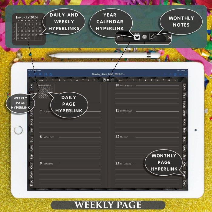 black weekly digital page for planning in 2024 2025