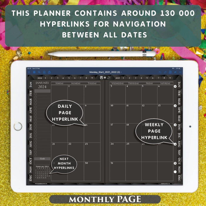 black monthly digital planner page for 2024 2025