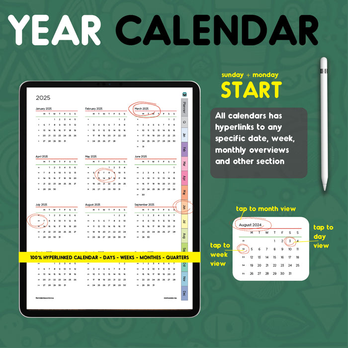 2025 vertical digital daily planner with year calendar