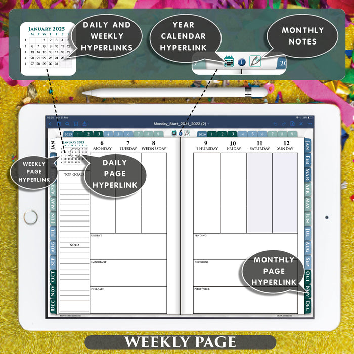 professional business digital weekly planner for goodnotes and notability with 2025 2026 year calendar
