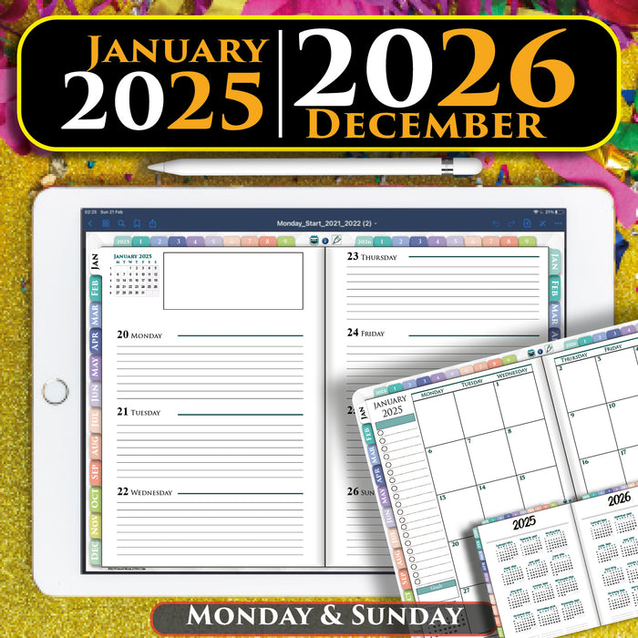 2025 2026  Digital Weekly Planner for weekly and yearly planning