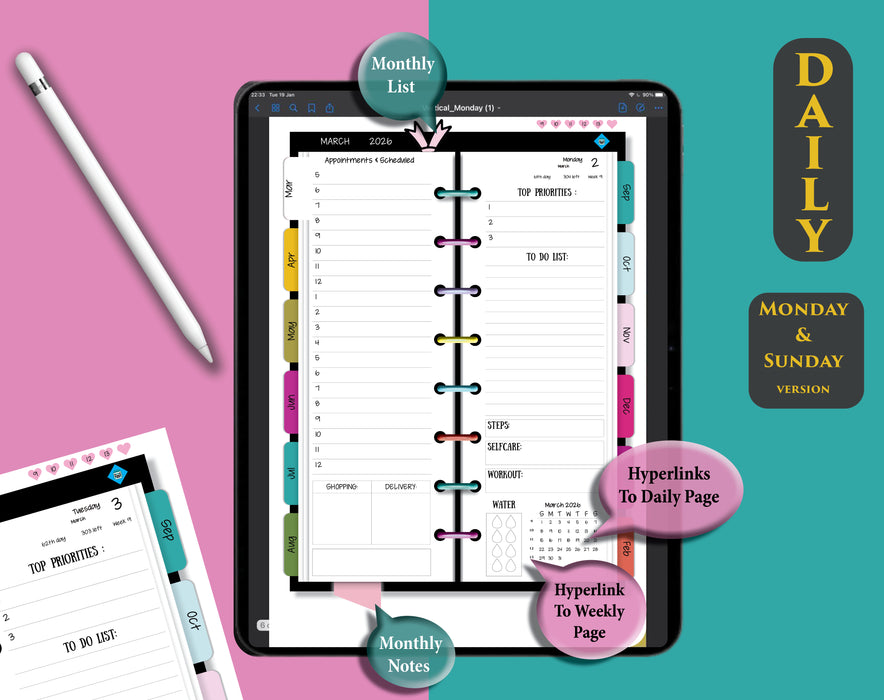 2026 2027 Digital Vertical Rainbow Daily Planner