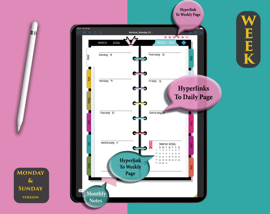 2026 2027 Digital Vertical Rainbow Daily Planner