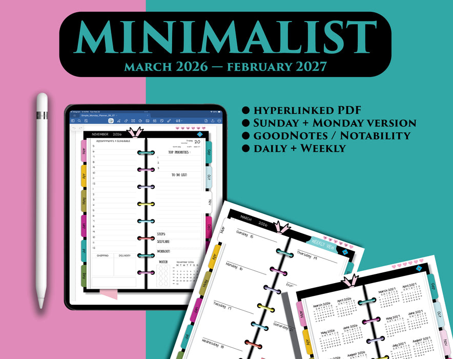 Digital Simple Vertical Planner | Minimalist 2026-2027 year calendar