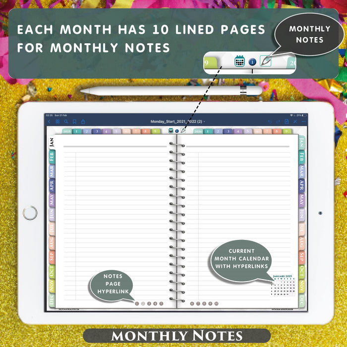 monthly notes digital page template for note taking in goodnotes. notability, noteshelf