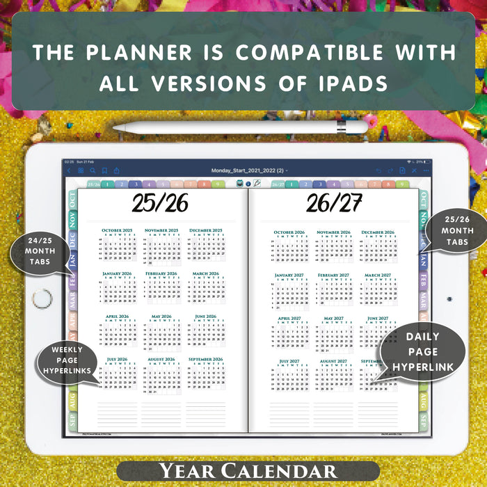 Digital Rainbow Franklin Daily Planner for iPad 2026 2027 year planning | PDF Download