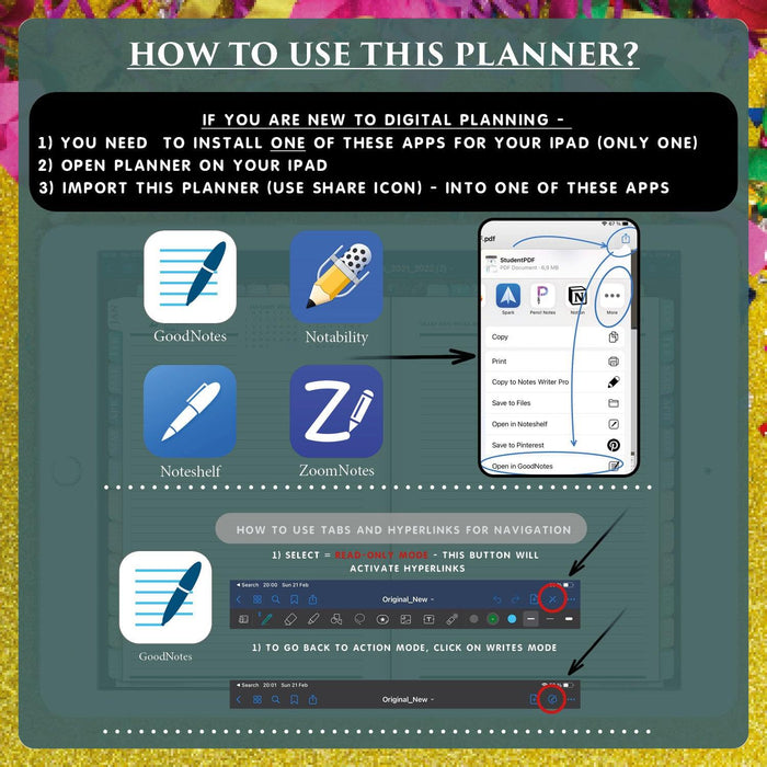 how to use and import digital daily lined planner into goodnotes, noteshelf, notabiliity, zoomnotes