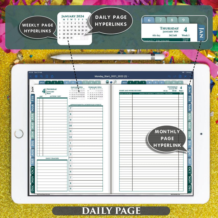 franklin cove digital daily planner page showing detailed daily schedule layout with hyperlinks to weekly and monthly pages on a tablet, highlighted features include daily page hyperlinks, monthly page hyperlink, and date navigation for January 2024