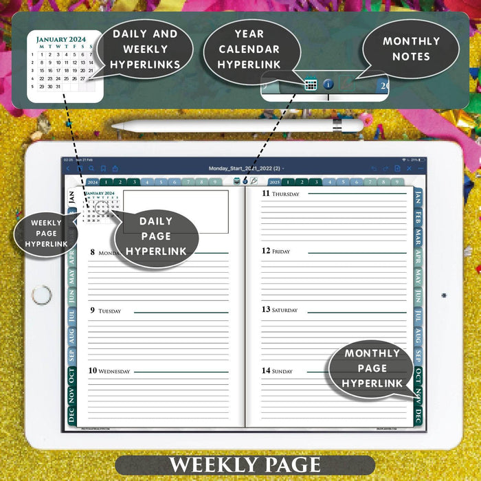 Interactive digital weekly planner display on a tablet, featuring the Franklin Covey design with hyperlinks for daily and monthly page navigation, a full January calendar on the side, and spaces for detailed scheduling and monthly notes