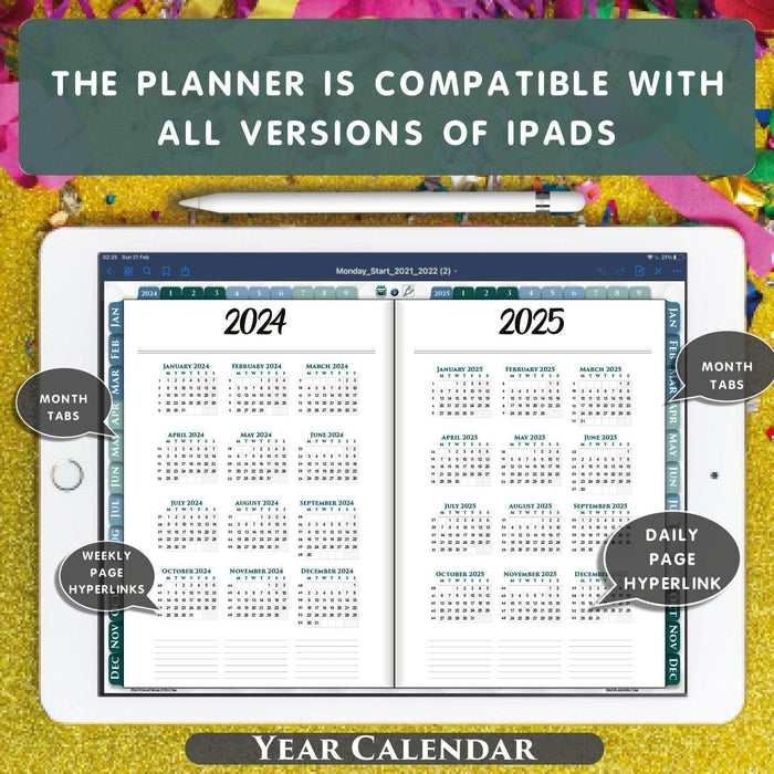 Digital annual calendar view for 2024-2025 on a tablet, showcasing all dates and week numbers with hyperlinks for quick access. Each date is interactive, allowing for easy navigation to daily planning sections within the digital planner, optimized for stylus pen use for Franklin Covey digital planner