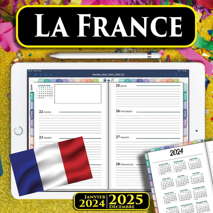 Agenda Hebdomadaire Numérique Français | Planificateur digital France pour Goodnotes et Notability 2024 2025
