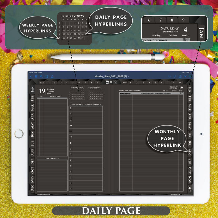 goodnotes  and notability black digital daily planner templates for 2025 2026