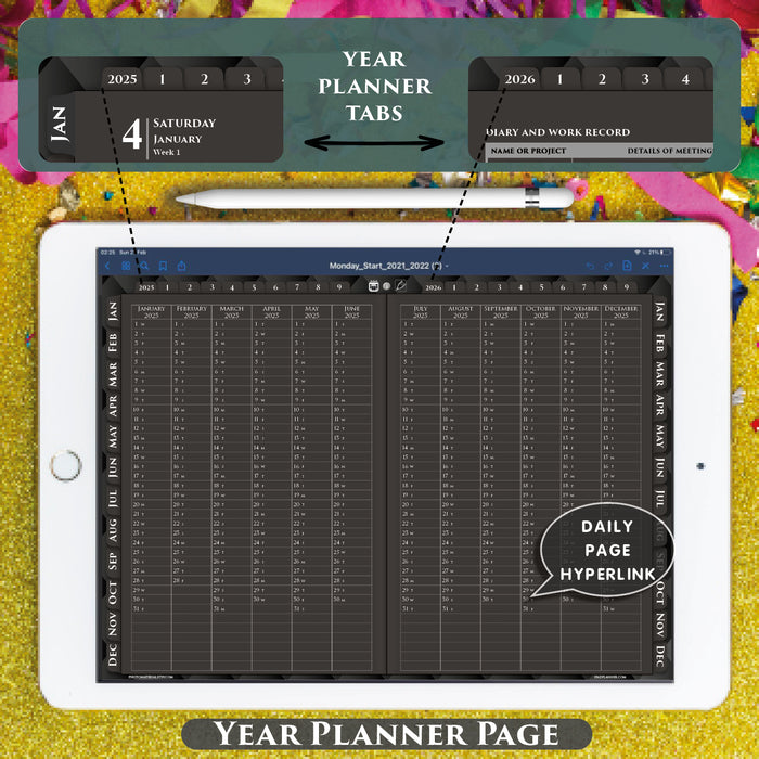 2025 2026 black digital year at a glance planner templates