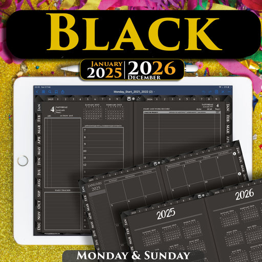 Black Digital Planner for GoodNotes, Noteshelf and Notability 2025 2026