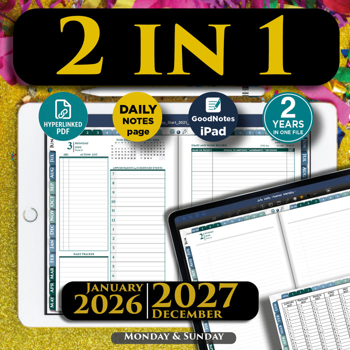 Digital Daily Planner With Day Notes Pages for 2026 - 2027
