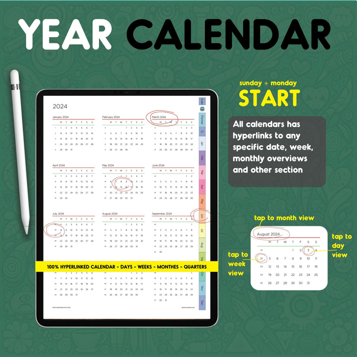 year calendar in digital project planner