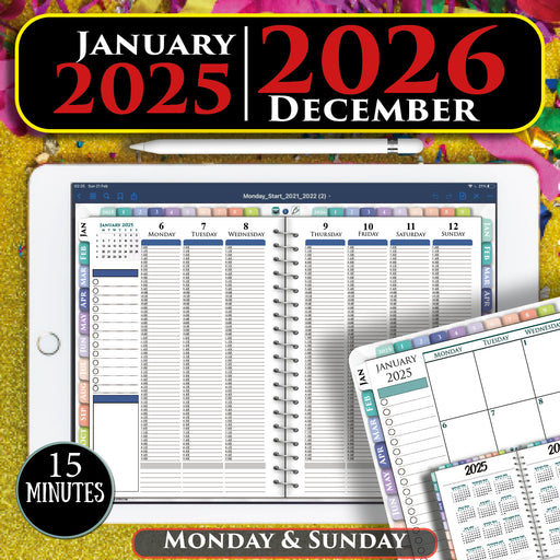 Digital Weekly Planner 15 Minute Increments time slots 2025 2026