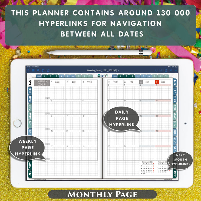 2025 2026 digital monthly hobonichi planner for goodnotes. noteshelf and notability