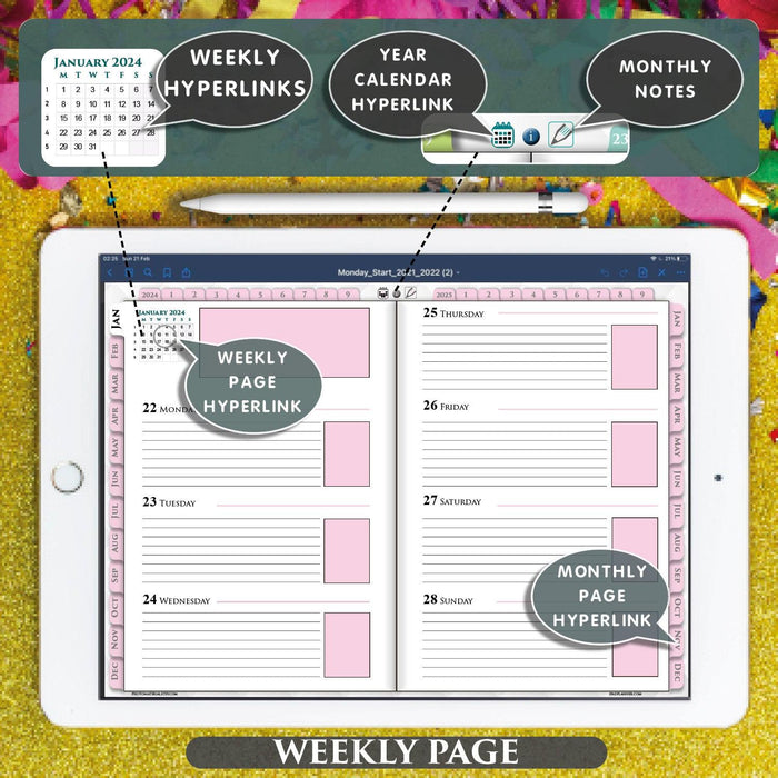 digital pink weekly planner page template for goodnotes 2024 2025 planning