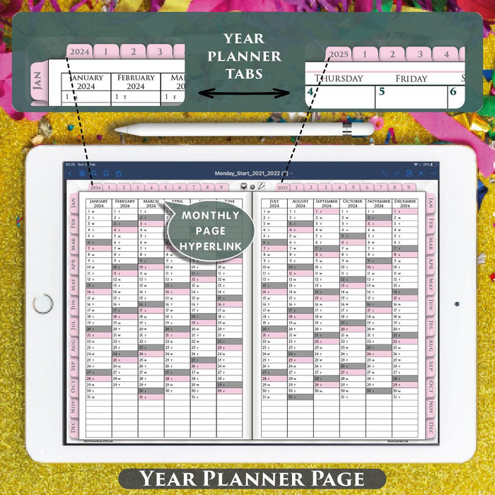 year at a glance 2024 2025 pink digital planner 