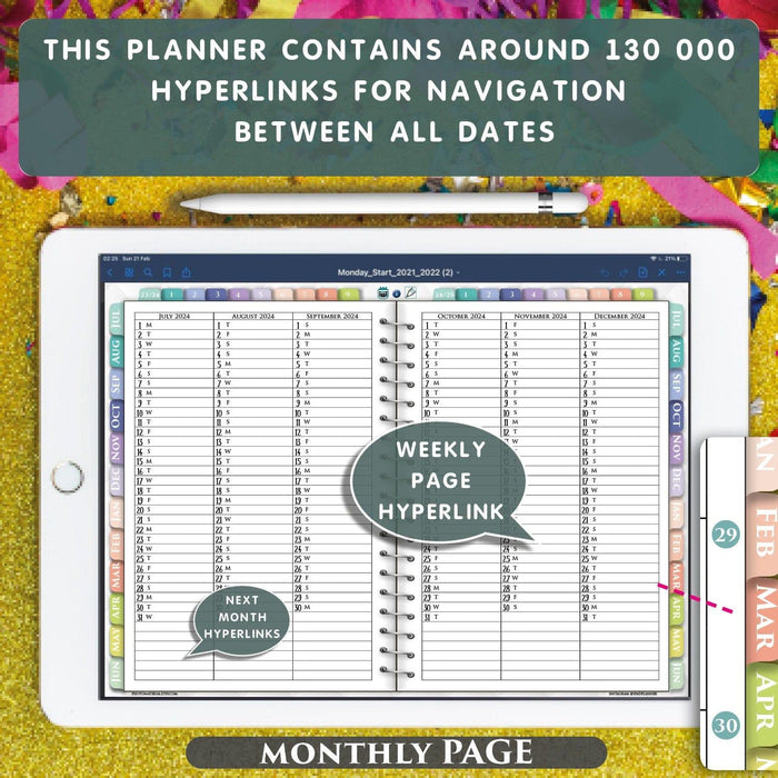 Take control of your schedule! 🎯 Our 2-Year Digital Planner helps you stay on track and prioritize tasks effortlessly. 📅 Enjoy monthly and weekly views with dedicated spaces for notes and stickers. 📚 Ideal for GoodNotes, Notability, and more