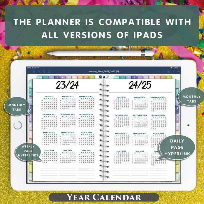 Experience the power of digital productivity! 🌟 Elevate your planning game with our iPad-friendly planner, perfect for 2023-2025. 📱💡 Embrace efficient organization and access key dates with ease using hyperlinks.