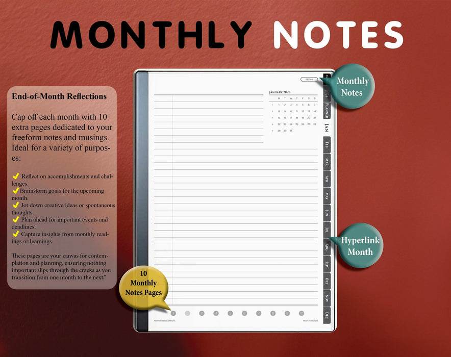monthly notes page template for remarkable 2 planner