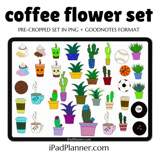 Kawaii Digital Stickers | Coffee and Flower Set for Digital Planners and Bullet Journals