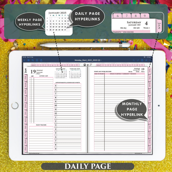 digital daily pink planner for goodnotes and notability