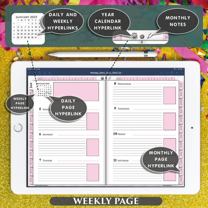 digital weekly pink page template for goodnotes and notability 2025 2026 pdf week planner