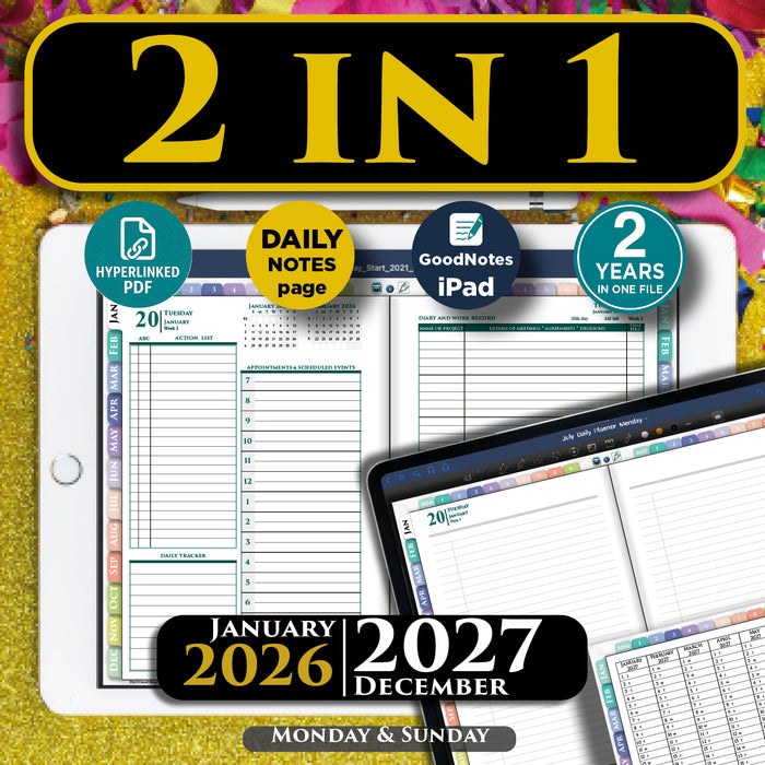 Rainbow Digital Planner 2026–2027 | Daily + Notes Page | Weekly Monthly PDF